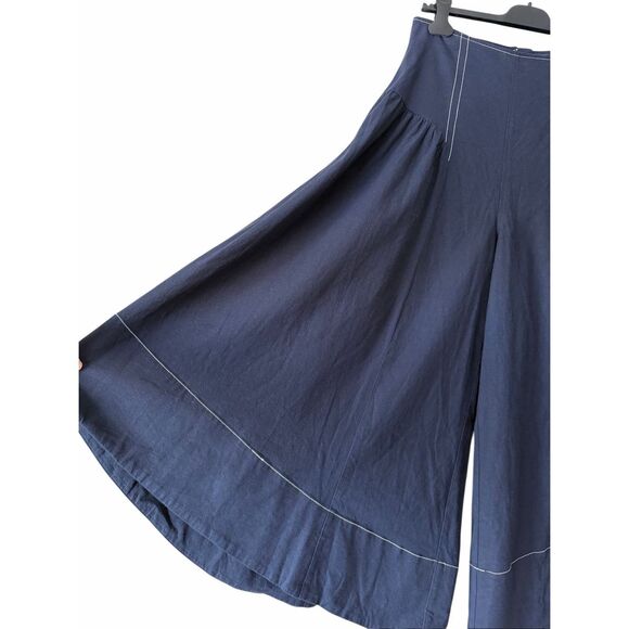 Anthropologie Pants NEW Linen Extended Waist Cropped Wide Leg Navy Blue size 6 - Picture 14 of 14